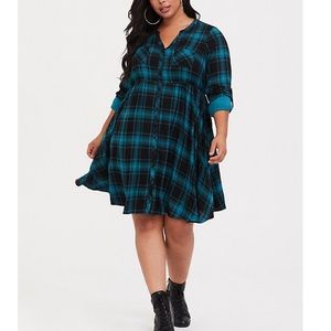 Teal Plaid Challis Shirt Dress